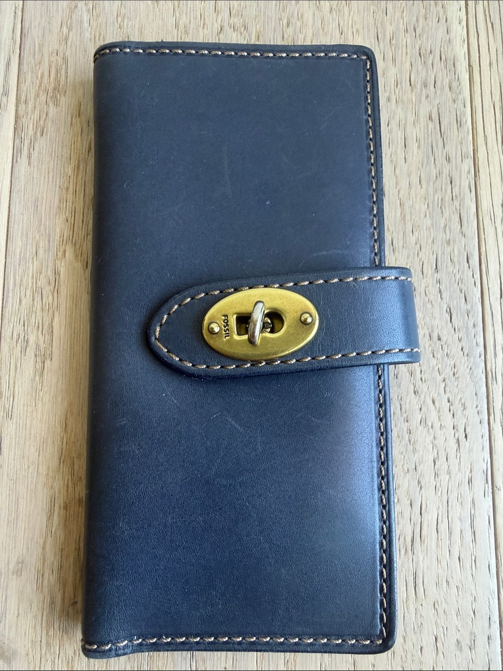 Fossil navy Leather Long Wallet with Brass Turn-Lock